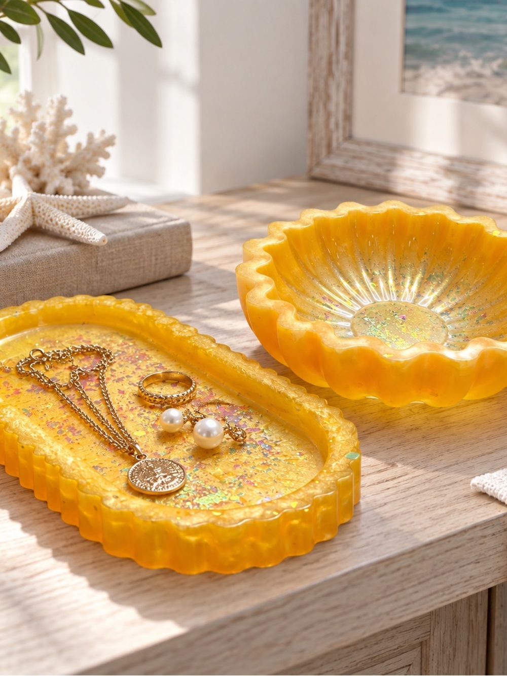Yellow Glitter Resin Decorative Bowl and Tray Set
